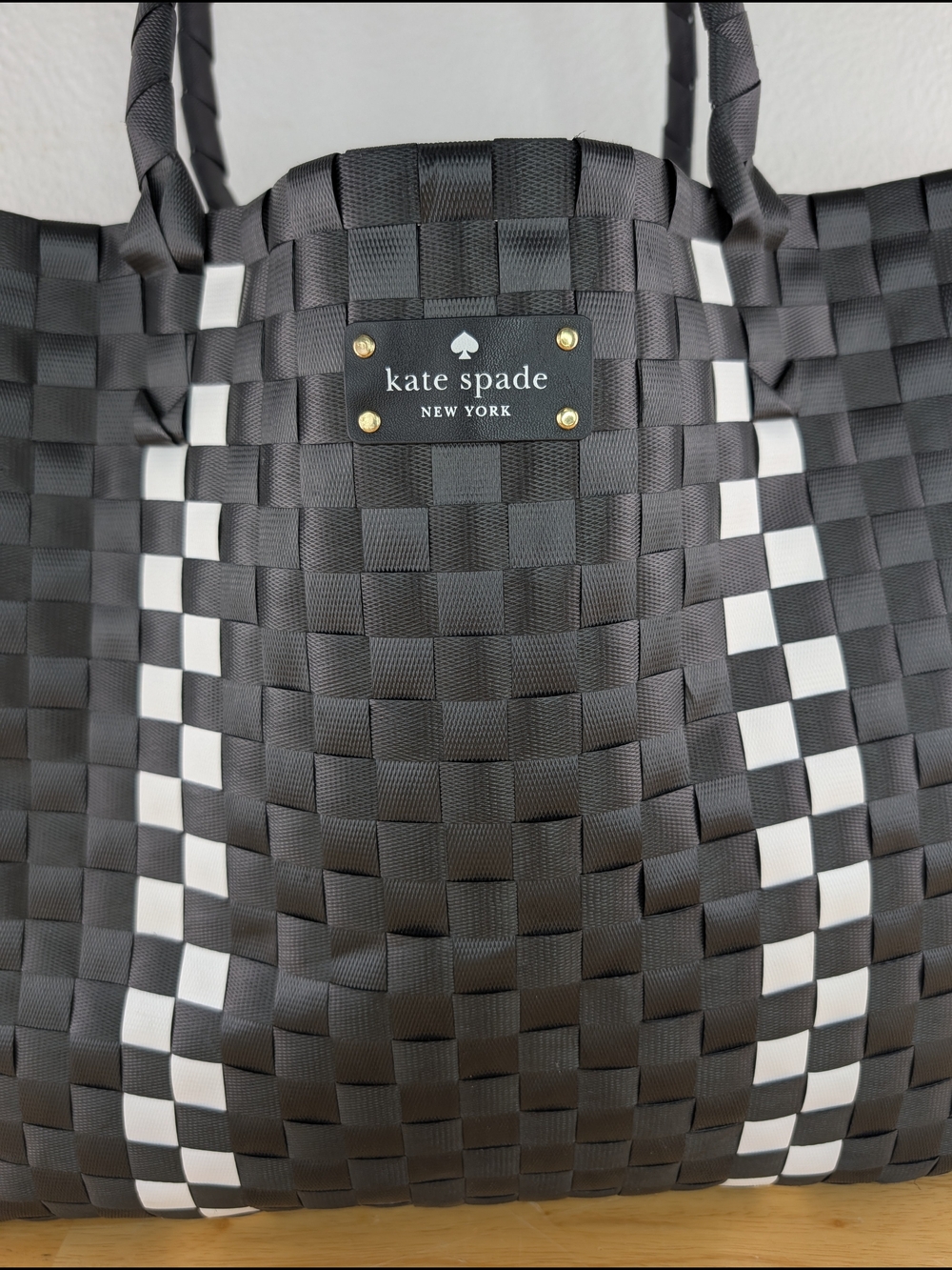 Kate Spade Black White Checker Stripe Basket Weave Woven Tote Bag Beach Shopping - Picture 2 of 16
